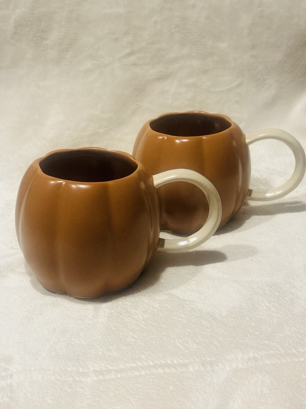 West Elm Stoneware Pumpkin Mug Set; Terracotta Cream Handles Fall Festive